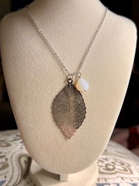 Delicate Silver Leaf Pendant Necklace with Opal Accent